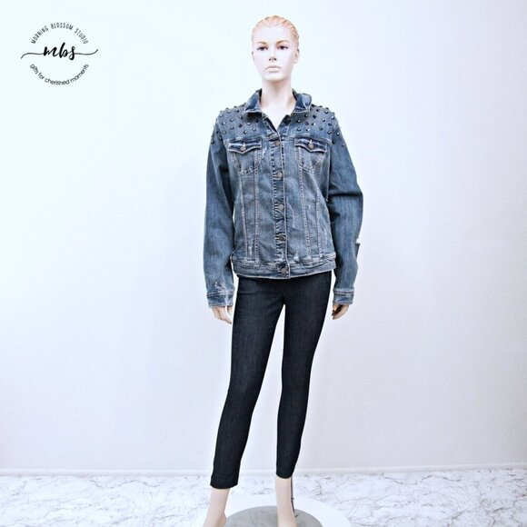 Torrid AC/DC Stud Distressed Denim Jacket Blue White Women Plus Size 2 - Picture 4 of 15